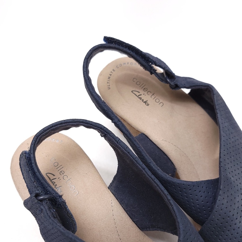 Clarks Collection Navy Blue Perforated Leather Cork Wedge Sandals Womens 7.5 M - Picture 5 of 8